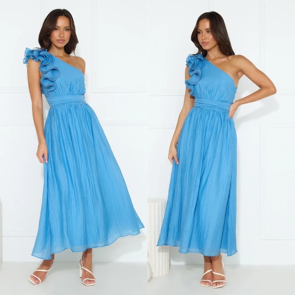 NWT HELLO MOLLY | Frill Detail Find Out One Shoulder Midi Dress Blue | Size XL - Picture 3 of 16